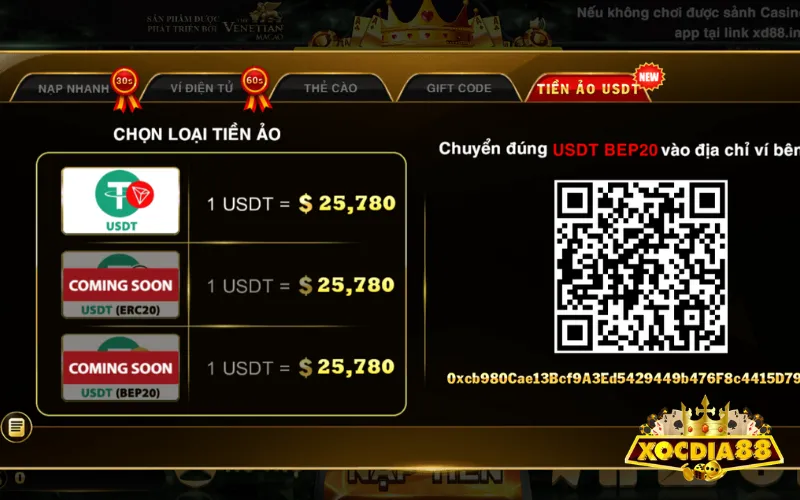 Nạp tiền vào XOCDIA88 bằng tiền ảo USDT