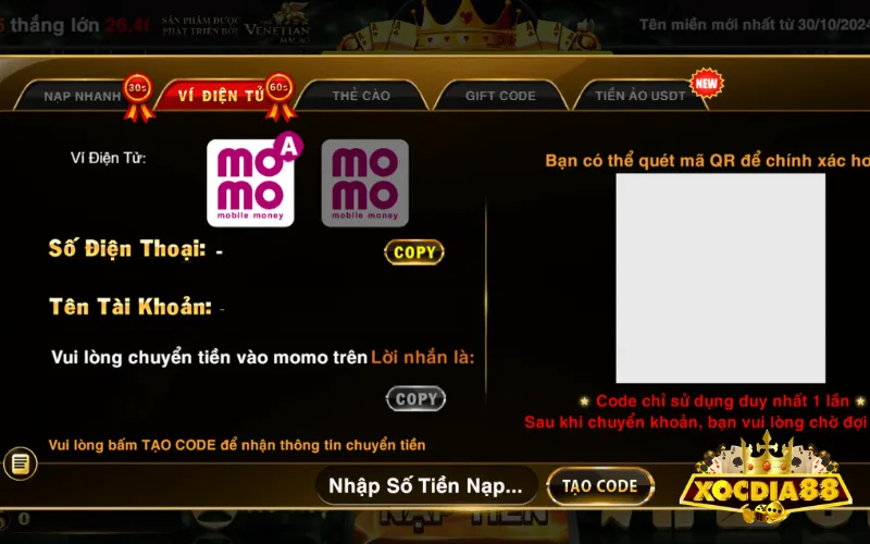 Nạp tiền XOCDIA88 với ví điện tử